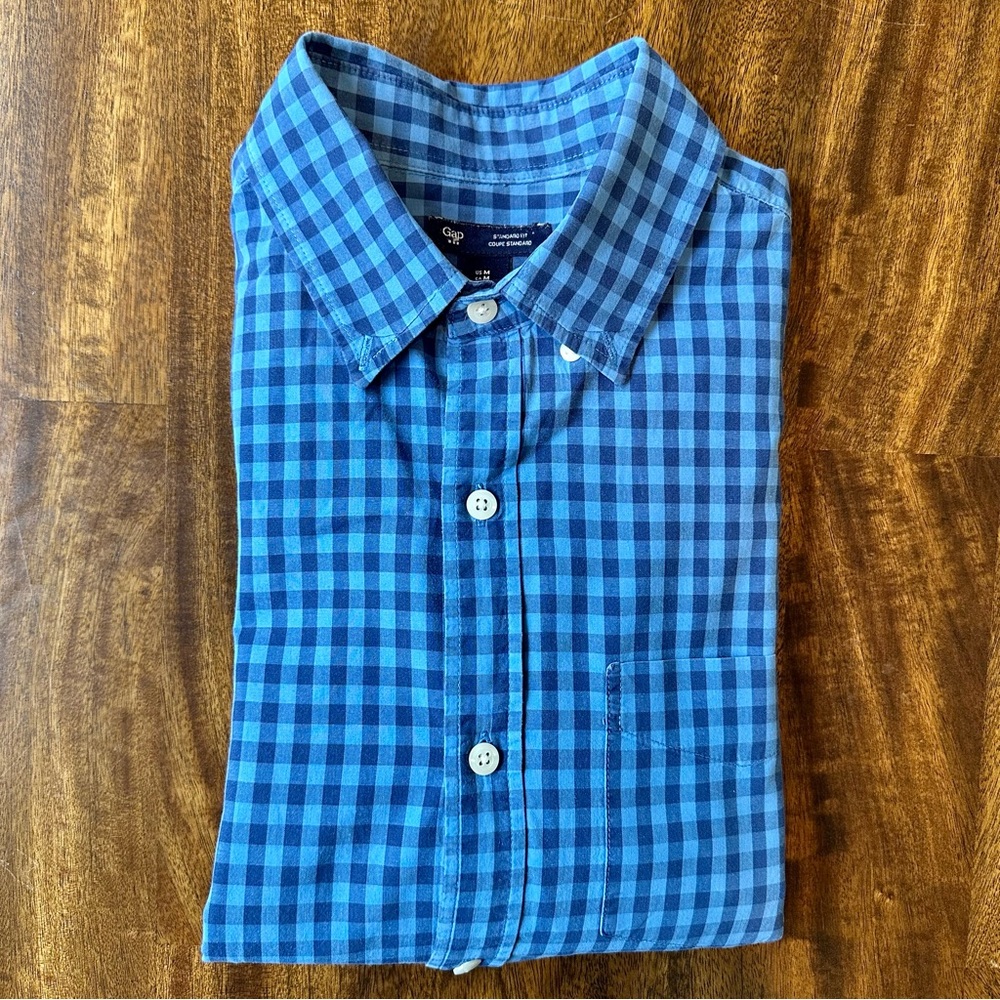 Gap Long Sleeve Button Down Shirt, Blue Gingham/Checkered, Medium